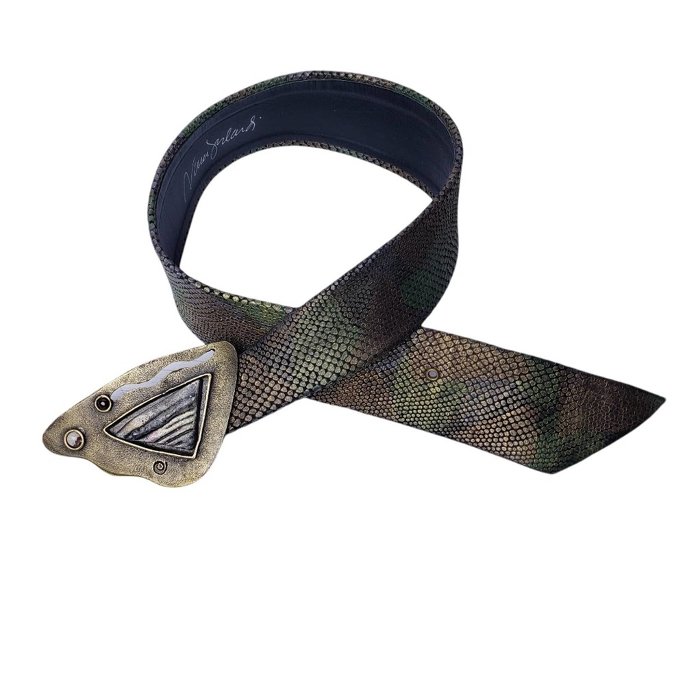 Boho Belt Removable Buckle Snakeskin Print in Green & Brown Tones